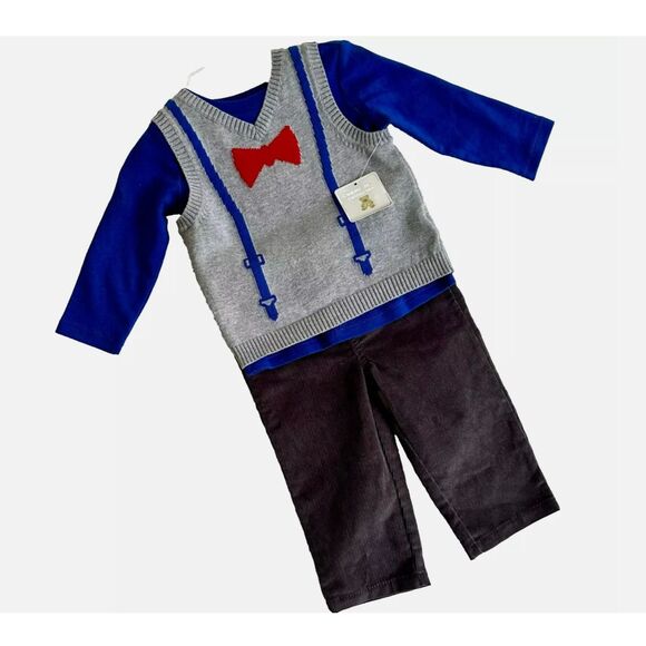 Baby Boys 3pc Christmas Outfit Sweater Vest Corduroy Pants Shirt 12M Cotton NWT - Picture 1 of 4